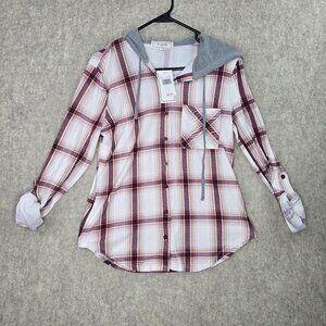 No Comment Womens Plaid Long-Sleeve Hoodie Shirt White/Burgundy Size L Polyester